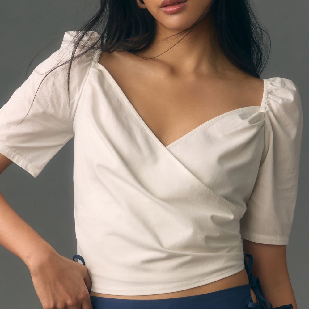 NWT Anthropologie White Puff Sleeve Wrap Top Sz XL